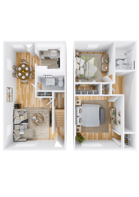 Floor plan for 2 beds, 1.5 baths, 1050 sqft